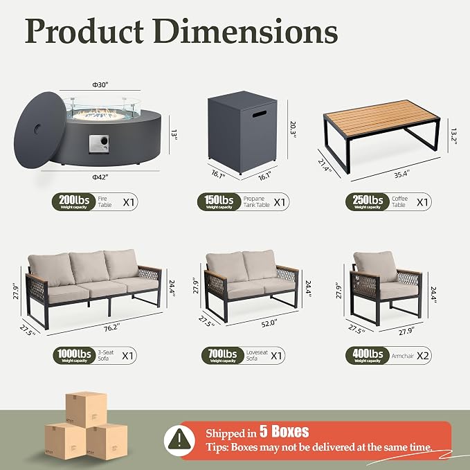 UPHA 7 Pieces Patio Furniture Set with 42" Propane Gas Fire Pit Table, Metal Outdoor Sectional Couch Set with Loveseat & 3-Seat Sofa, Modern Patio Conversation Set for Porch Balcony Deck, Beige