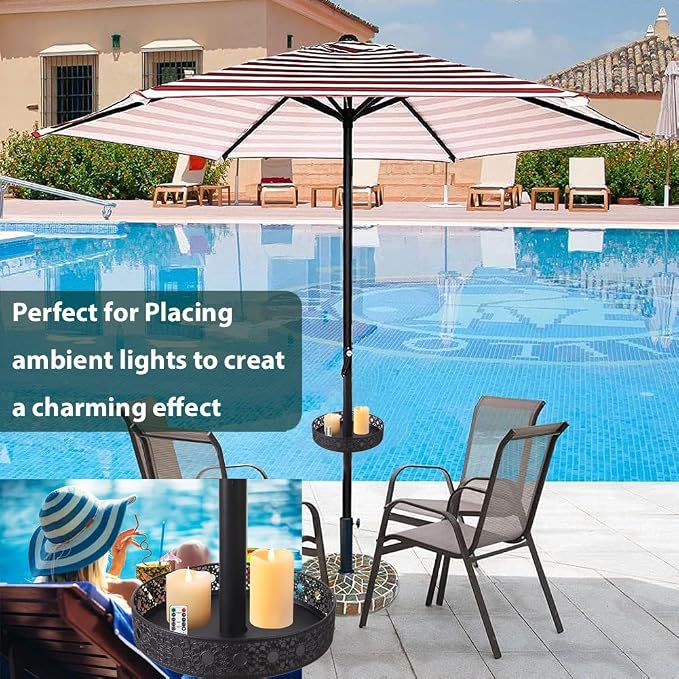11'' Patio Umbrella Table Tray for Outdoor, Portable Round Table Tray with Umbrella Hole for Beach Patio Garden Pool Umbrella, Hollow Sunflower Shape, Black