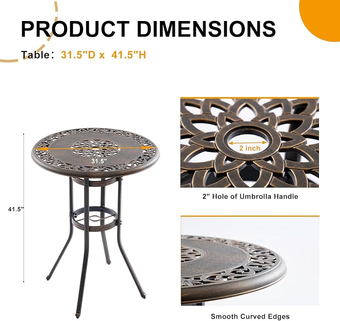 Outdoor Bar Height Table, 31.5" Round Cast Aluminum Patio Pub Table with Umbrella Hole, All-Weather Design for Deck/Garden/Poolside (Bronze)