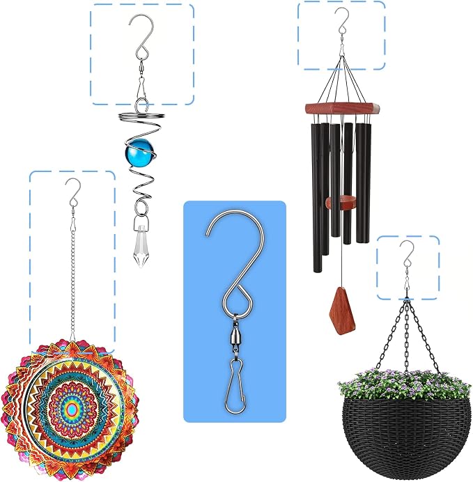 6 Pack 360 Swivel Hooks with 12.9in Extended Chain for Wind Spinner | Heavy Duty Rotating Hooks for Wind Chimes Windsock Crystal Twisters, Outdoor Metal Hanging Parts