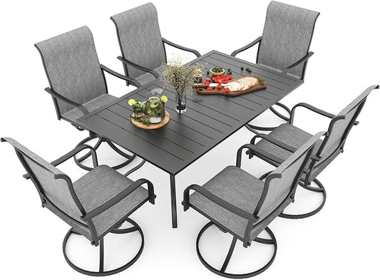 7 Piece Outdoor Dining Set 6 Swivel Chair and 63" Rectangle Table Grey Sty2 | 6 Piece Swivel Chairs: High Back, Curved Armrest, Textilene Fabric, Rocking; 63"x38"x28" Metal Rectangle Table, All Weather