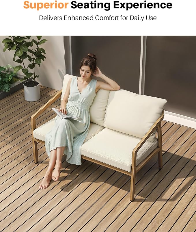 Teak Outdoor Patio Loveseat, Never-Rust Aluminum Outdoor Loveseat Couch with Thick Cushions, Modern 2-Seater Patio Sofa Bench, Outdoor Sofa Loveseat Furniture for Deck, Poolside