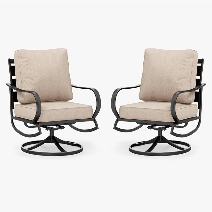 PHI VILLA Patio Furniture Chair Set for 2, Deluxe Outdoor Conversation Set with 2 Swivel Padded Sofa Chair, Full Metal with 5.8" Cushion for Deck, Lawn, Garden