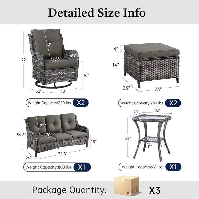 6 Piece Patio Furniture Set with Ottoman - All Weather Patio Conversation Set with 4 Inch Thick Cushions and Deep Seating Swivel Glider Chairs & Outdoor Couch for Porch Deck Yard Pool