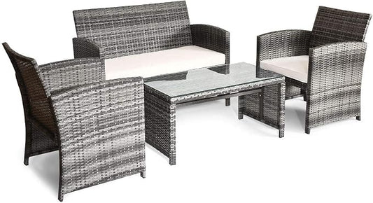 MAT EXPERT 4-Piece Wicker Sofa Chair and Table Set, Patio Rattan Conversation Set w/Removable Cushions, Outdoor Sofa Furniture w/Tempered Glass Coffee Table for Garden/Lawn/Pool/Backyard