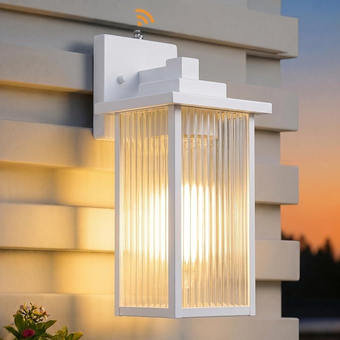 15-Inch Dusk to Dawn Outdoor Wall Light, White Porch Light All-Metal | Auto On at Dusk, Off at Dawn. Textured Glass Softens Glare. Waterproof Rust-Resistant Metal. Pre-Assembled DIY Install