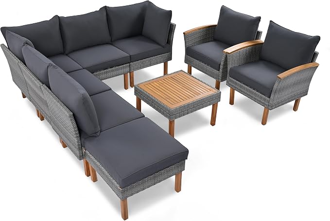 JIVOIT 9-Piece Outdoor Patio Furniture Sets, PE Rattan Wicker Sofa Set with Acacia Wood Tabletop Coffee Table and Wood Legs, Armrest Chairs, Sectional Sofa Set (Nature+Gray Cushions 02)