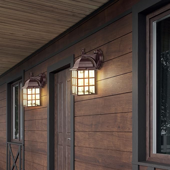 2 Pack Dusk to Dawn Outdoor Lighting Fixture, Classic Exterior Porch Light | Aluminum Frame, Water Rippled Glass, Waterproof, E26, Sensor Outdoor Hose Light, Wall Sconce For Garage, Front Door