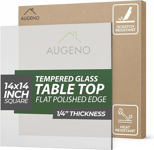 14 inch Square 1/4" Thick Flat Polished Edge Glass Table Top with 6 Bumpers - Tempered, Scratch Resistant & Safety Replacement Glass Designed for Dining, Coffee, Patio & End Tables