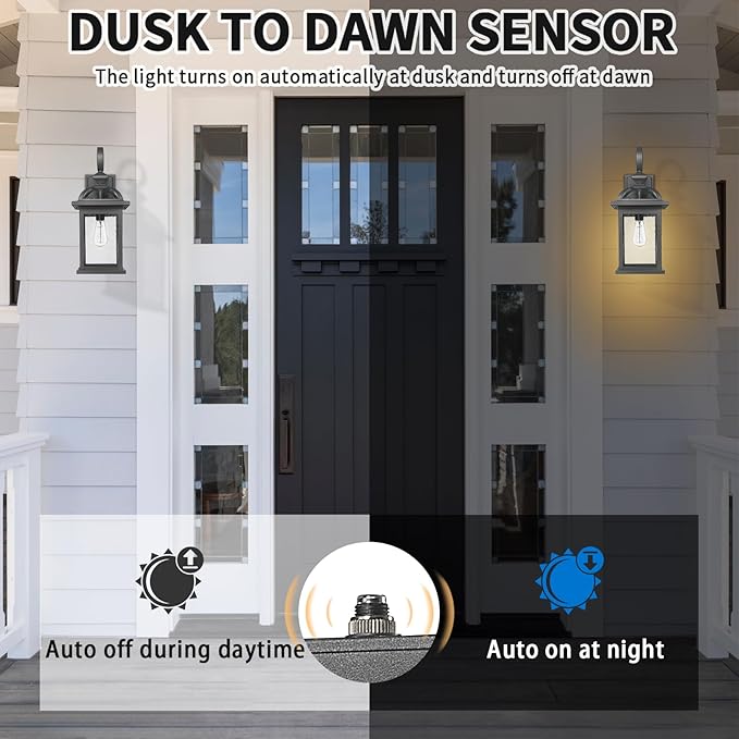 Darkaway Dusk to Dawn Outdoor Lights Fixture Wall Mount,Large 22inch Exterior Wall Light with Seeded Glass Waterproof Black Outside Wall Sconce for House Porch Hallway Garage