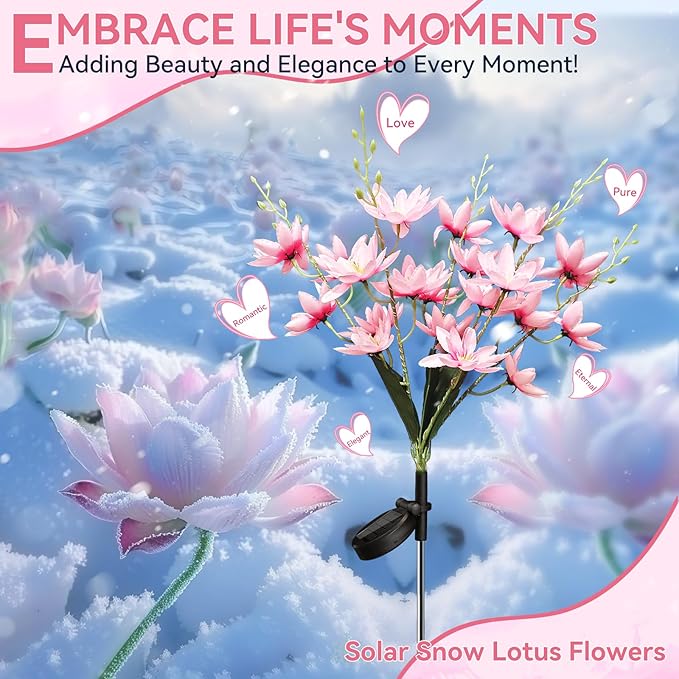 Neporal Solar Flowers Outdoor Waterproof IP65, 5-Head Snow Lotus with 20+ Flowers, 4-Color Light & 2 Lighting Modes, Decorative Solar Lights Outdoor Garden, Yard, Pathway, Flower Bed (6-Pack, Pink)