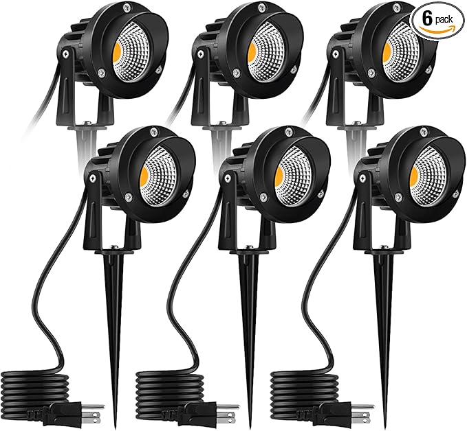 Romwish 10W Landscape Lighting, 120V Plug-in Outdoor Spotlights, 6 Pack | 3000K Warm White, 1100LM Bright LED, IP65 Waterproof, 120V Plug and Play, Adjustable 270° Beam for Yard Garden Lawn Tree
