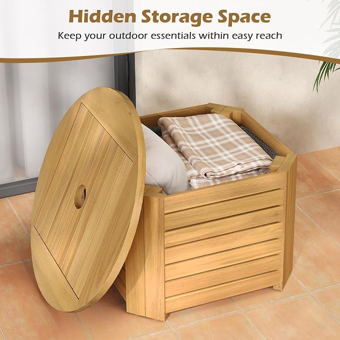 HAPPYGRILL Acacia Wood Outdoor Side Table with Umbrella Hole, Patio End Table with Storage, Removable Base, for Backyard, Balcony, Poolside