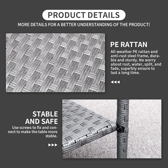 Outdoor PE Wicker Side Table - Patio Rattan Garden Coffee End Square Table with Glass Top-2-layer Table Furniture, Grey