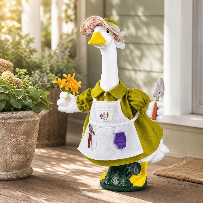 Spring Gardener Porch Goose Outfit for 23 Inch Plastic Cement Goose Statue, Goose Outfit Clothes with Hat, Felt Tools & Flower for Outdoor Garden Yard Patio Art Decor