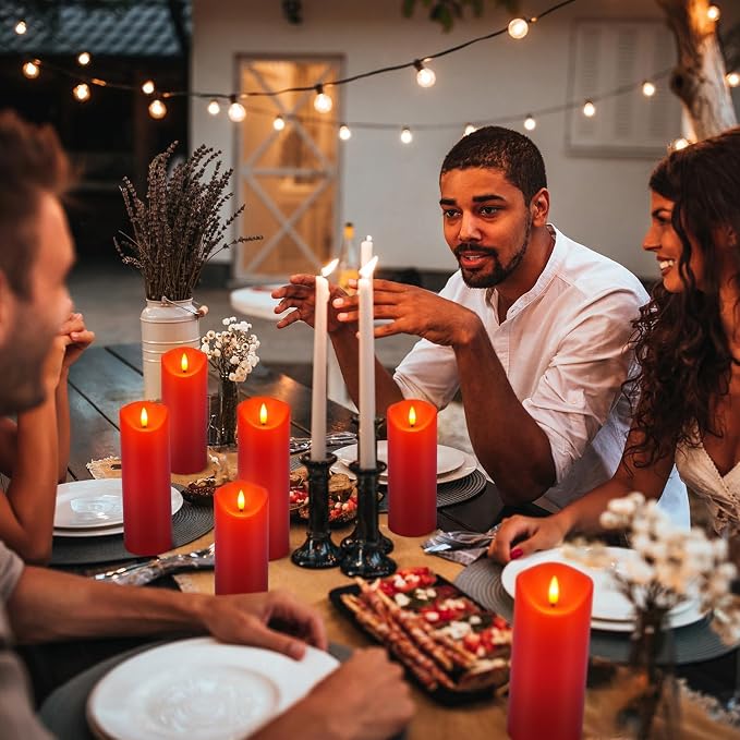YOROXRG 24 Pack Christmas Decoration Flickering Flameless Candles,LED Candles Battery Operated Pillar Candles with Remote Control.for New Year, Home Decor, Parties,Wedding(D2.2 xH 5" 6" 7" Red)