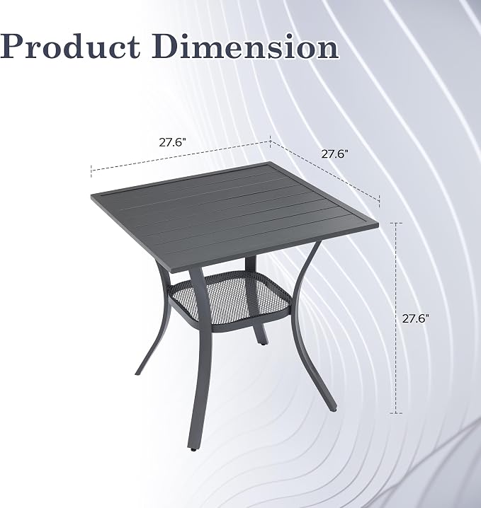 Outdoor Dining Table with Storage Shelf, 27.5" All-Weather Square Patio Dining Table for 2, Metal Patio Table for Garden Lawn Porch Deck Yard, Dark Grey