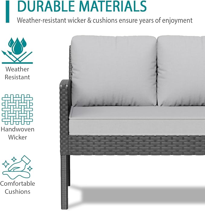 7-Piece Patio Furniture Set with Cushions and Pillows, Outdoor Wicker Sectional Sofa with Long Glass Coffee Table, All-Weather Conversation Set for Garden, Porch, Lawn, Gray