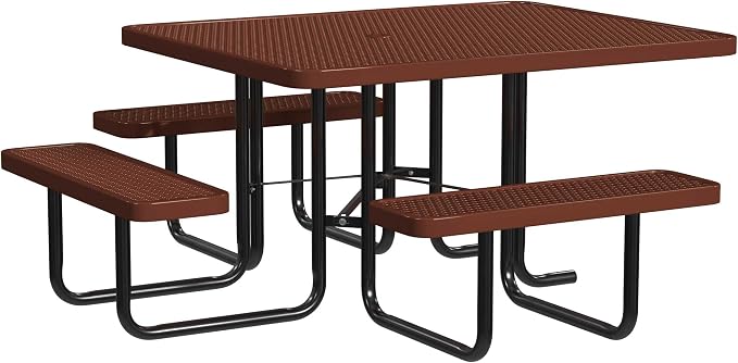 Leisure Craft Metal Picnic Table with Bench - 46" Square Outdoor Dining Table with Umbrella Hole, Heavy Duty Thermoplastic Coating, ADA Compliant, Commercial Grade Furniture Made in USA - Brown