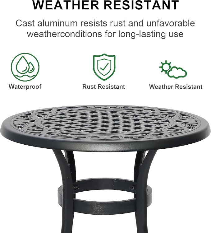 24" Cast Aluminum Side Table Outdoor End Table All Weather Patio Round Table Small Bistro Table for Garden,Balcony,Pool,Black