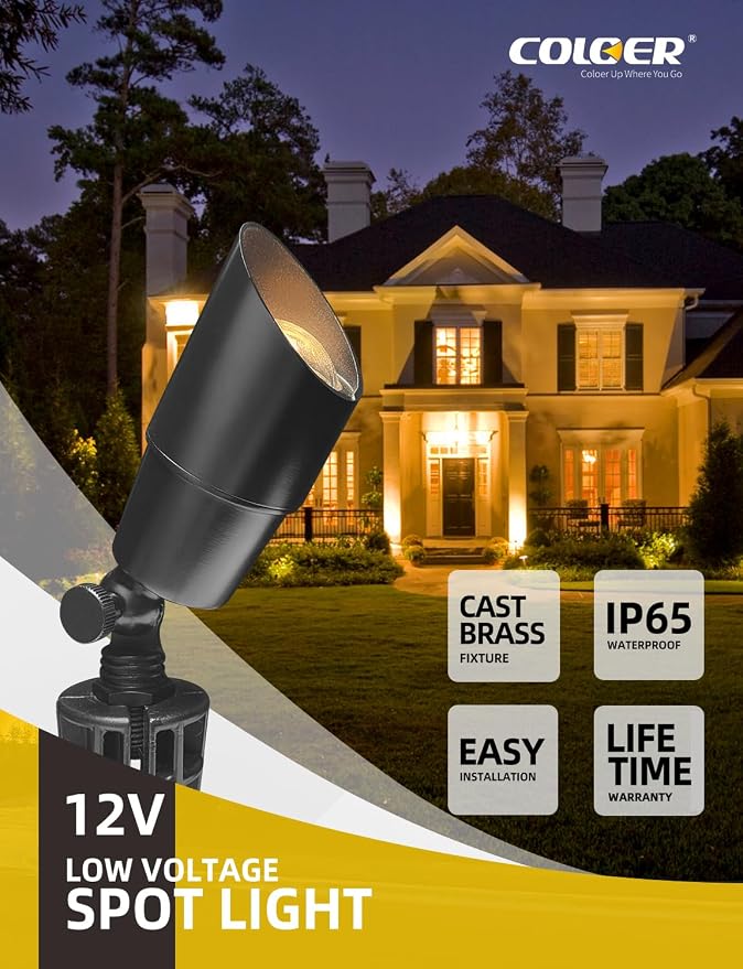 COLOER Brass Low Voltage Landscape Spotlight Fixture(Black) 4-Pack with Bulb,12V AC/DC Outdoor Spot Lights for Yard, Directional Garden Patio Spot Up Light(101B-Black)