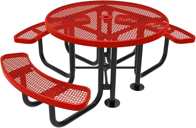 COATEDOUTDOORFURNITURE Heavy-Duty Portable Outdoor Picnic Table with Umbrella Hole, Expanded Metal Patio Dining Furniture Made in America (46" Round Top, Red)