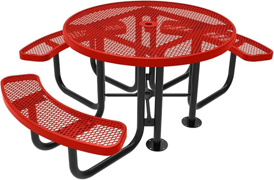 COATEDOUTDOORFURNITURE Heavy-Duty Portable Outdoor Picnic Table with Umbrella Hole, Expanded Metal Patio Dining Furniture Made in America (46" Round Top, Red)