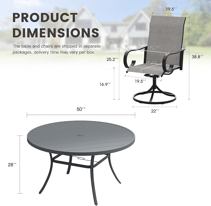 7 Pieces Patio Dining Set, 6 Outdoor Swivel Dining Chairs with 50" Round Metal Outdoor Dining Table with Umbrella Hole for Garden Backyard Deck, Grey & Dark Grey