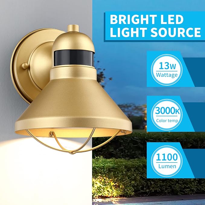 Dusk to Dawn Motion Sensor Outdoor LED Barn Light Fixture Gold | Exterior Porch Lantern Waterproof Outside Wall Sconce Lighting Rustic Farmhouse Wall Mount Lamp for House Garage Patio