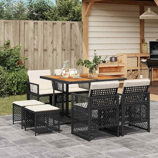 9 Piece PE Rattan Garden Dining Set with Acacia Wood Table, Black Collapsible Outdoor Furniture for Patio Balcony, Weather Resistant Stackable Chairs Stools with Cushions