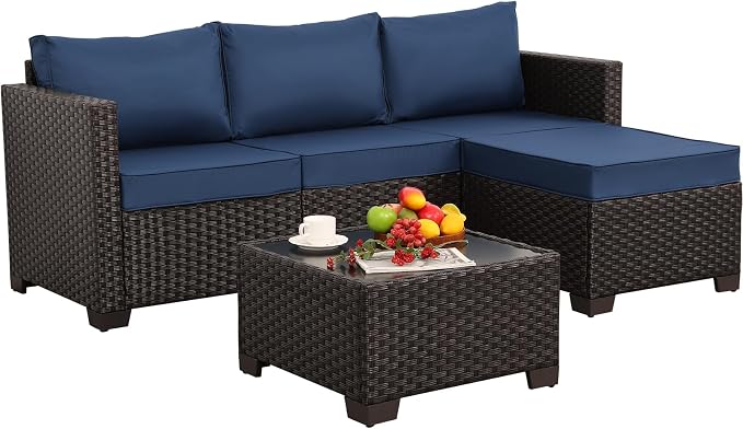 Patio Furniture Set 3 Pieces Outdoor Sectional Sofa Set Wicker Patio Furniture Outdoor Couch Outdoor Ottoman Coffee Table with Glass All-weather Non-slip Cushions Waterproof Covers, Navy Blue