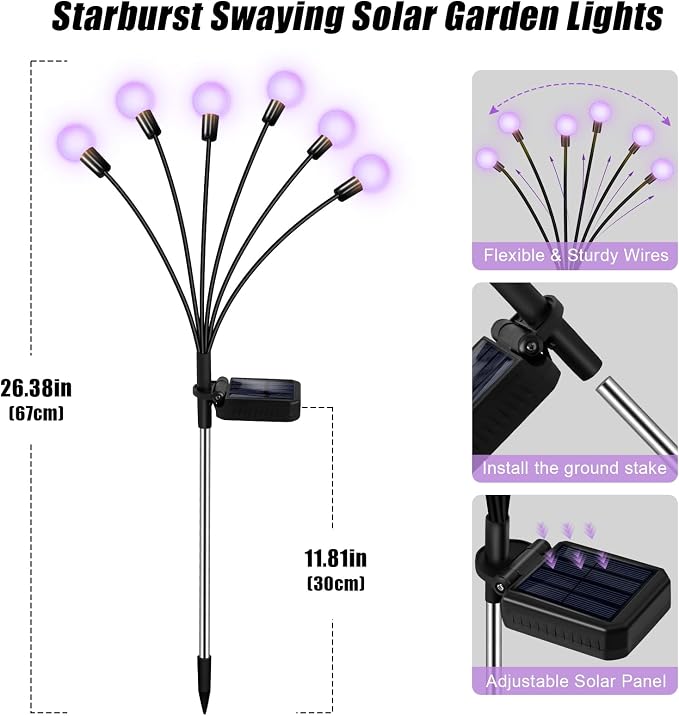 Solar Garden Lights Outdoor Waterproof, Swaying Firefly Light, Garden Decor | 4 Pack Solar Firefly Lights, Auto On/Off Decor for Yard, Patio, Pathway and Lawn, Gifts for Women, Christmas Decor (Purple)
