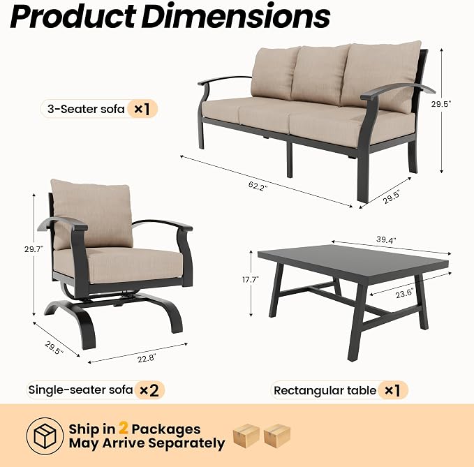 Gotland Metal Outdoor Patio Furniture Set with Coffee Table, 4 Piece Patio Conversation Set with Washable Cushion Covers, Metal Frame Sectional Sofa Furniture Set for Porch, Balcony, Deck, Yard