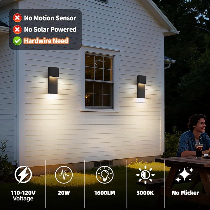 Modern LED Outdoor Wall Sconce, 15'' 20W Outdoor Light Fixtures Exterior Wall Lights, Black LED Front Porch Lights Outside Wall Mount Lighting for House, Backyard, Warm White 3000K, 2 Pack