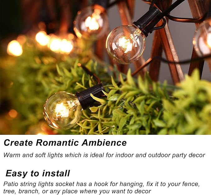 Abeja Outdoor String Light 100 Ft G40 Patio Lights with 105 Edison Glass Bulbs E12 Socket Base (5 Spare) Globe Clear Hanging Lights for Backyard Balcony Deck Party Decor, Not Connectable, Black