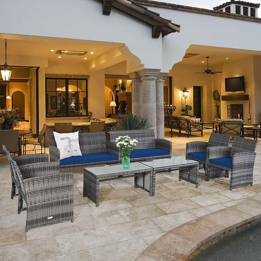 Outdoor Conversation Set, 8 Pieces Wicker Patio Chair Set with Ergonomic Curved Design, Water-Resistant Cushion & Tempered Glass Table for Balcony,Porch(Navy Blue)