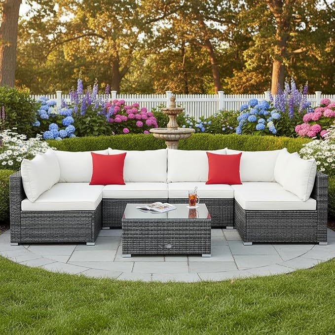 Tangkula 7 Pieces Wicker Patio Furniture Set, All-Weather Outdoor Rattan Sectional Sofa Set with Cushions & Tempered Glass Coffee Table, Outside Sofa Set for Garden, Lawn, Deck, Backyard (White)