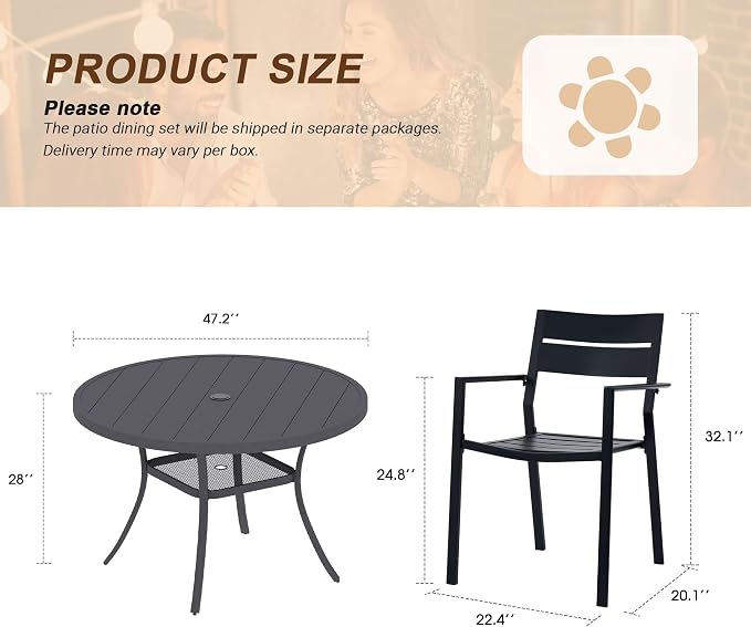 VICLLAX Patio 7 Pieces Outdoor Dining Set, Wrought Iron Metal Outdoor Table and Chairs Set, 47" Round Table with Umbrella Hole and 6 Stackable Chairs for Lawn, Garden, Porch, Dark Grey/Black