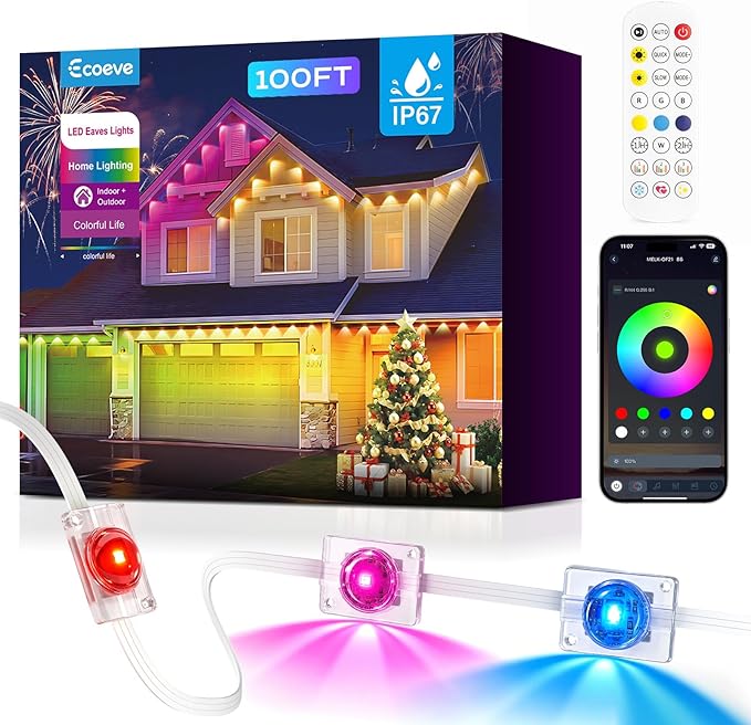 Permanent Outdoor Lights for House, 100ft Christmas RGB+IC Lights | 16 Million Colors & 50 Scene Modes, App/Remote Control, DIY Music Sync, Holiday Party Halloween Decor