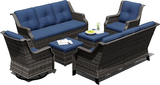 Outdoor Patio Furniture Set, 6 Piece Wicker Patio Furniture with Thick Cushions, Curved Armrest, Deep Seating, Rattan Outdoor Chairs for Porch, Deck, Balcony