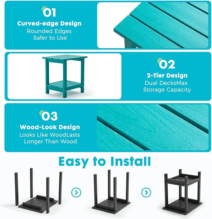 Outdoor 2-Tier Square Side Table, Adirondack Weather Resistant Patio End Table, Low Maintenance HDPE Accent Table for Backyard, Pool, Porch, Deck, Turquoise