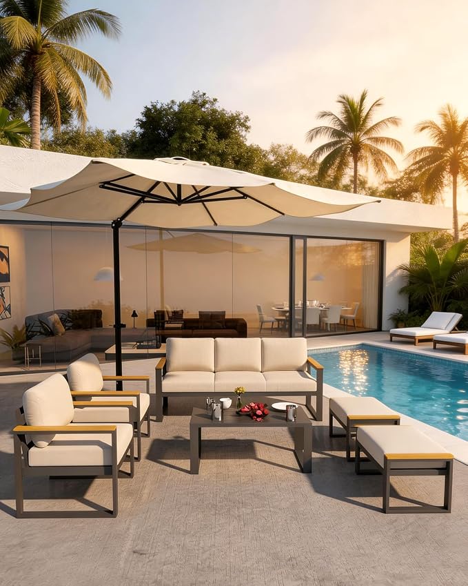 IDEALHOUSE Aluminum Outdoor Patio Furniture - 1 Pcs 3-Seat Sofa and Coffee Table, All-Weather Metal Modern Outside Furniture with Washable Thick Cushion for Balcony, Garden, Deck, Backyard,Beige