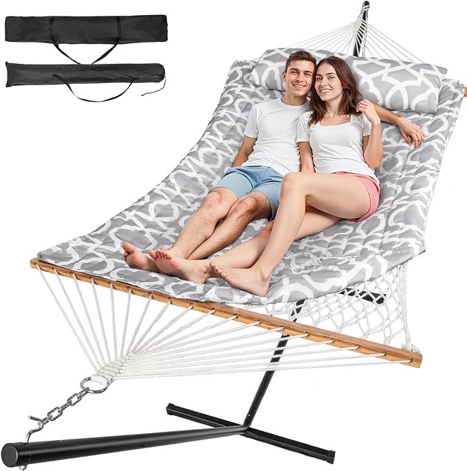 Everyfun 2 Person Hammock with Stand, Heavy Duty Double Cotton Rope Hammock with Removable Quilted Pad & Pillow, 500 LBS Adjustable Steel Frame, Tool-Free, Carry Bag for Outside Patio Yard, White-Gray