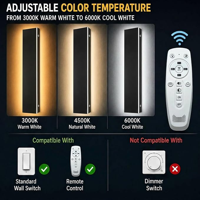 Modern Outdoor Wall Light 2pack 39in, 4.33in Width, Dimmable LED | 4000LM for Garage Front Door Porch, IP65 Waterproof Outdoor Sconce, Cover All Jbox, 3000K-6000K Adjustable, Matte Black