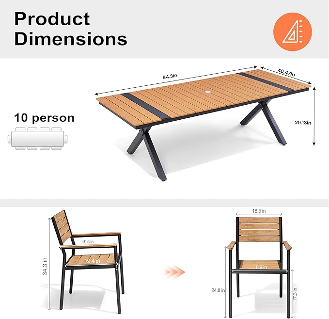 Pellebant 11 Piece Patio Table and Chairs Set, Aluminum Outdoor Dining Set with Umbrella Hole, 94" Dining Table & Stackable Chairs, Weather Resistant Teak Wood Grain Finish for Deck, Porch, Backyard
