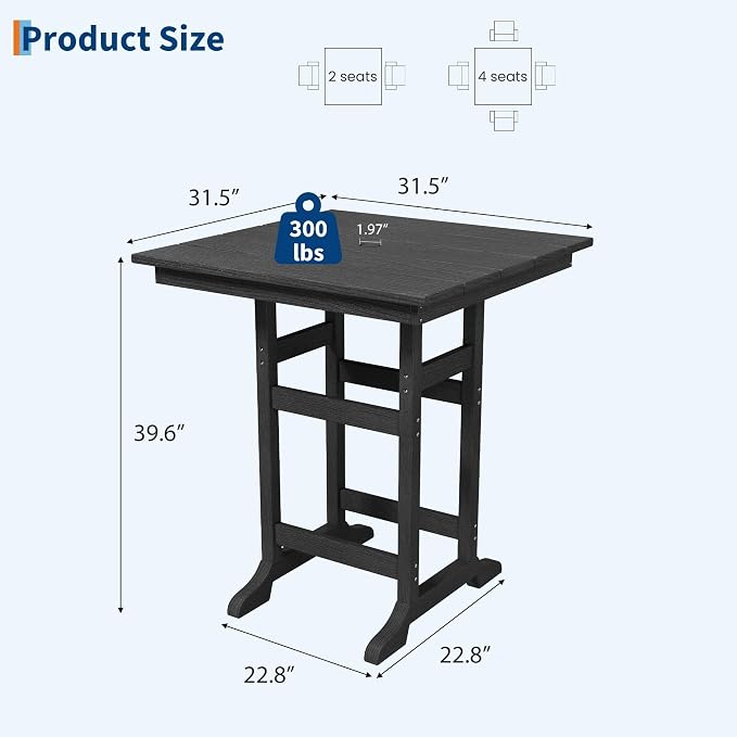 Takywep 31.5" Square HDPE Wood Grain Outdoor Bar Table, 39.6" High Weatherproof Pub Table for Patio and Poolside, Tall Bistro Table with 300 Lb Weight Capacity and Umbrella Hole, Dark Grey