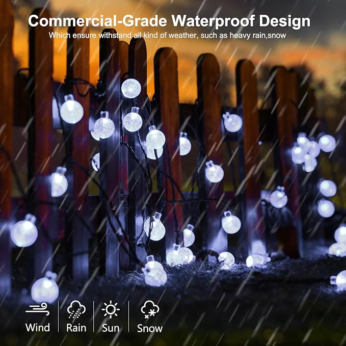 Joomer White Solar String Lights,39FT 60LED Crystal Ball Fairy Lights | 8 Modes Waterproof Outdoor Solar Powered Patio Light for Spring Summer Garden Lawn Gazebo Porch Backyard Tree Decorations