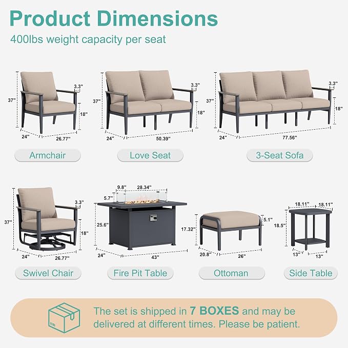 Aluminum Outdoor Patio Furniture Set with Swivel Rocking Chairs 11-Seat, Patio Sectional Sofa with Ottomans Patio Conversation Set with 55,000 BTU Fire Pit Table & High Backrest, Sand