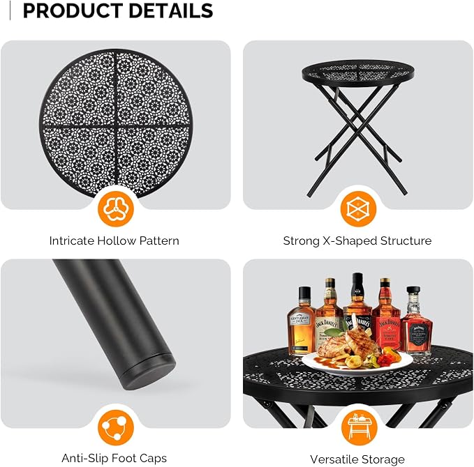 18 Inch Folding Patio Side Table, Outdoor Metal Round Coffee Table with Flower Cutout Design, Portable Steel End Table for Garden, Balcony, Yard, Black