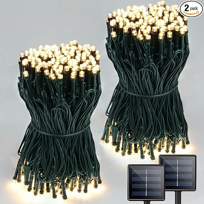 Solar String Lights Outdoor 2 Pack 400 LED Solar Christmas Light Warm White | 8 Lighting Modes, Memory Function, Auto On/Off, 132FT Waterproof Twinkle Lights for Outside Garden Yard Party Xmas Tree Decor
